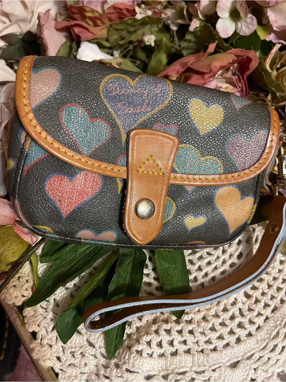 Dooney & Bourke vintage Multicolor Heart Print Wristlet with Brown Trim